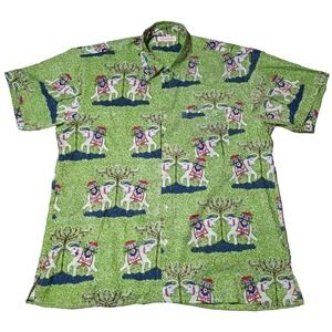 MARY MARSHMALLOW Women 2XL TWIN ELEPHANT Allover Print Green Cotton Button Shirt